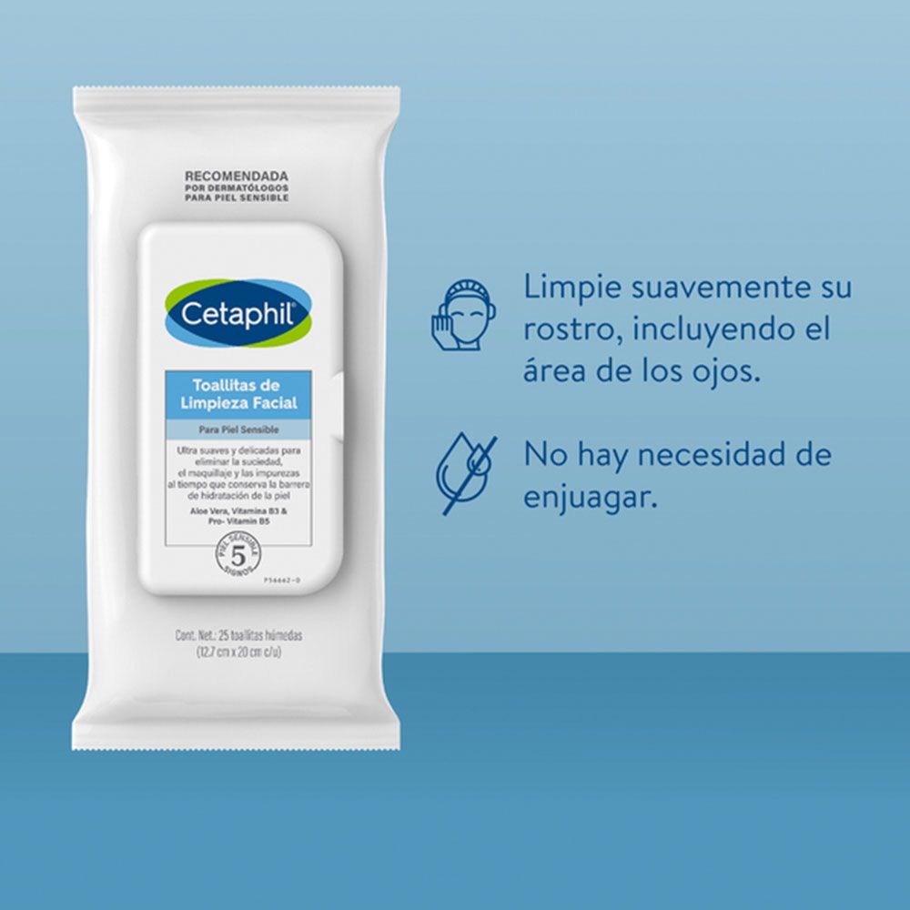 CETAPHIL TOALLITAS DE LIMPIEZA FACIAL DESMAQUILLANTES x 25 - Imagen 4