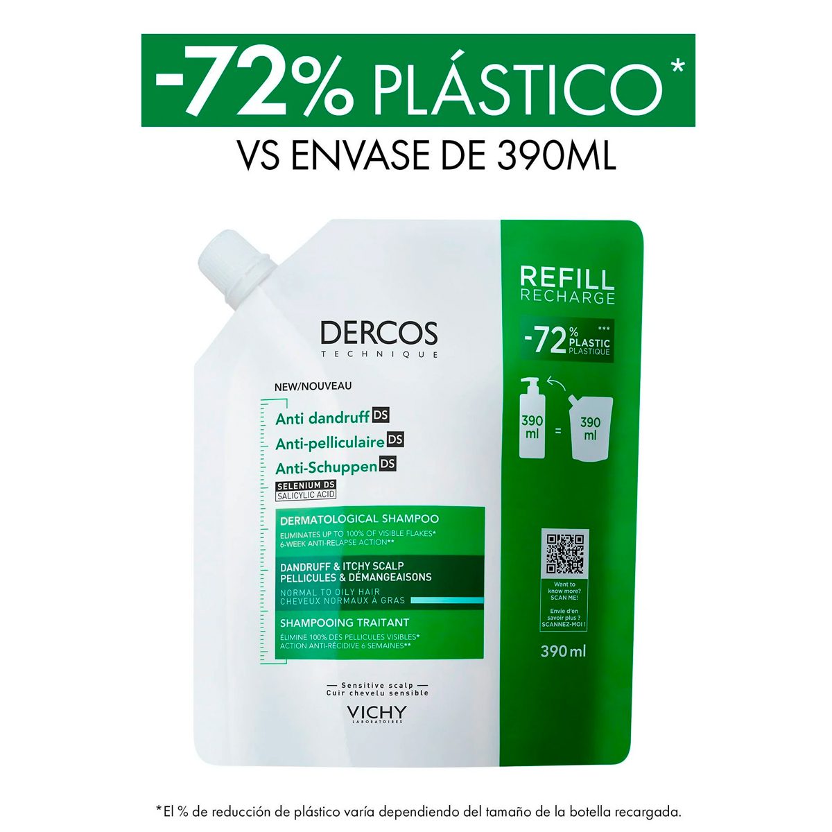 VICHY DERCOS DS ANTICASPA CABELLO NORMAL A GRASO REFILL X 390ml - Imagen 2