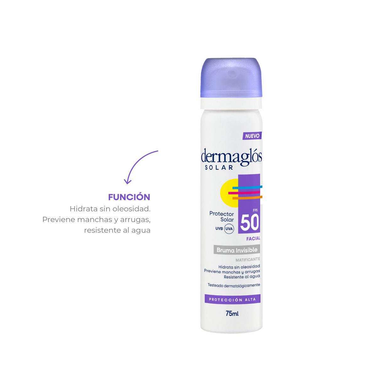 DERMAGLOS SOLAR FACIAL Fps50 BRUMA SPRAY TOQUE SECO X 75ml - Imagen 3